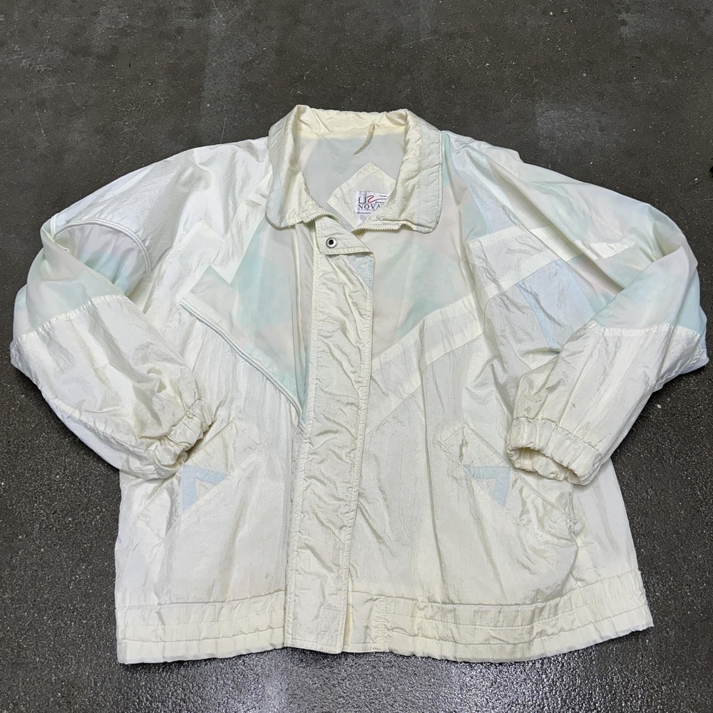 Vintage Liz Novak Jacket Womens 22W White Nylon Geometric Pastel Windbreaker 80s